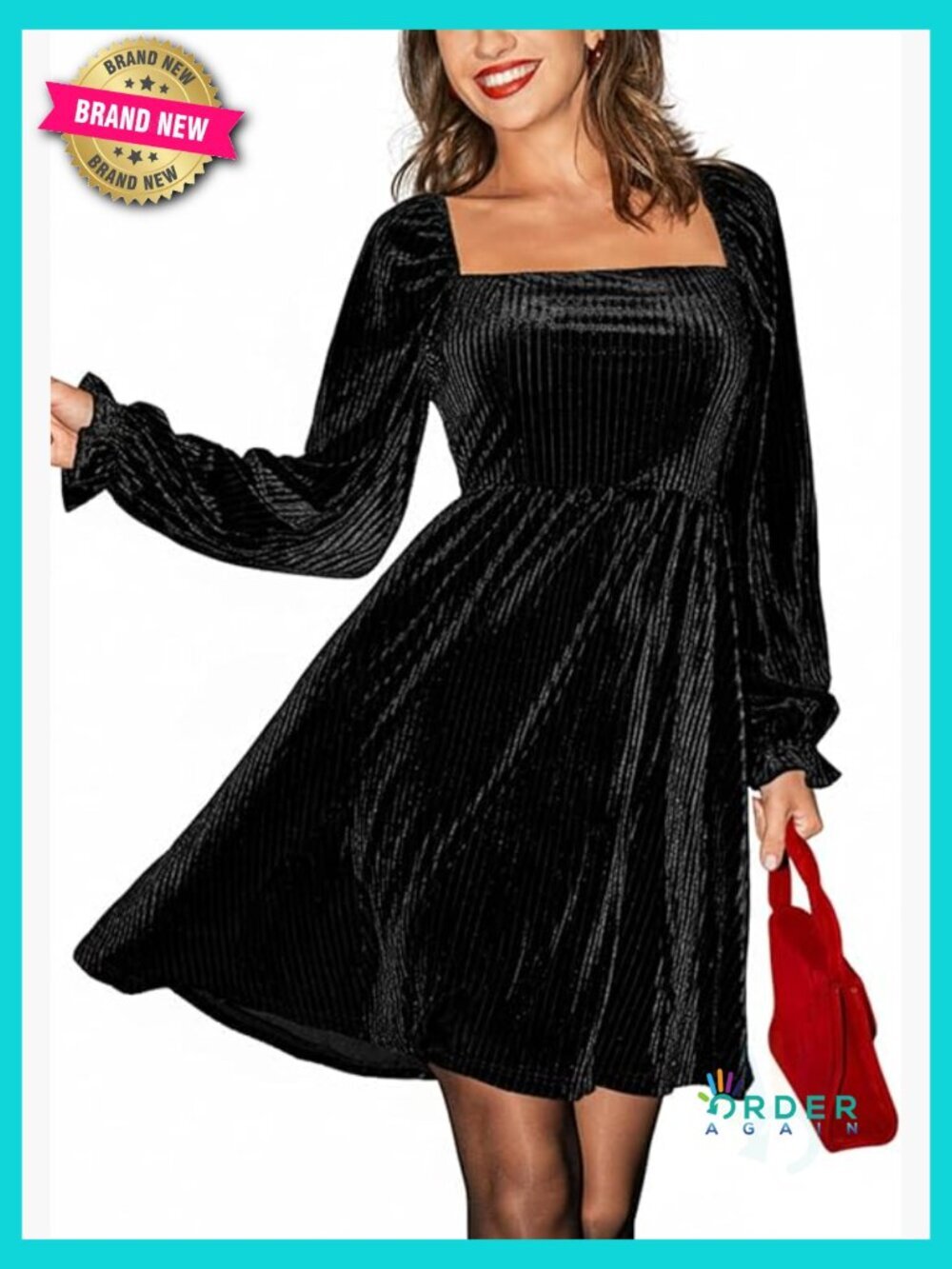 Square Neck Velvet Long Sleeve Mini Dress Fit & Flare Party Cocktail